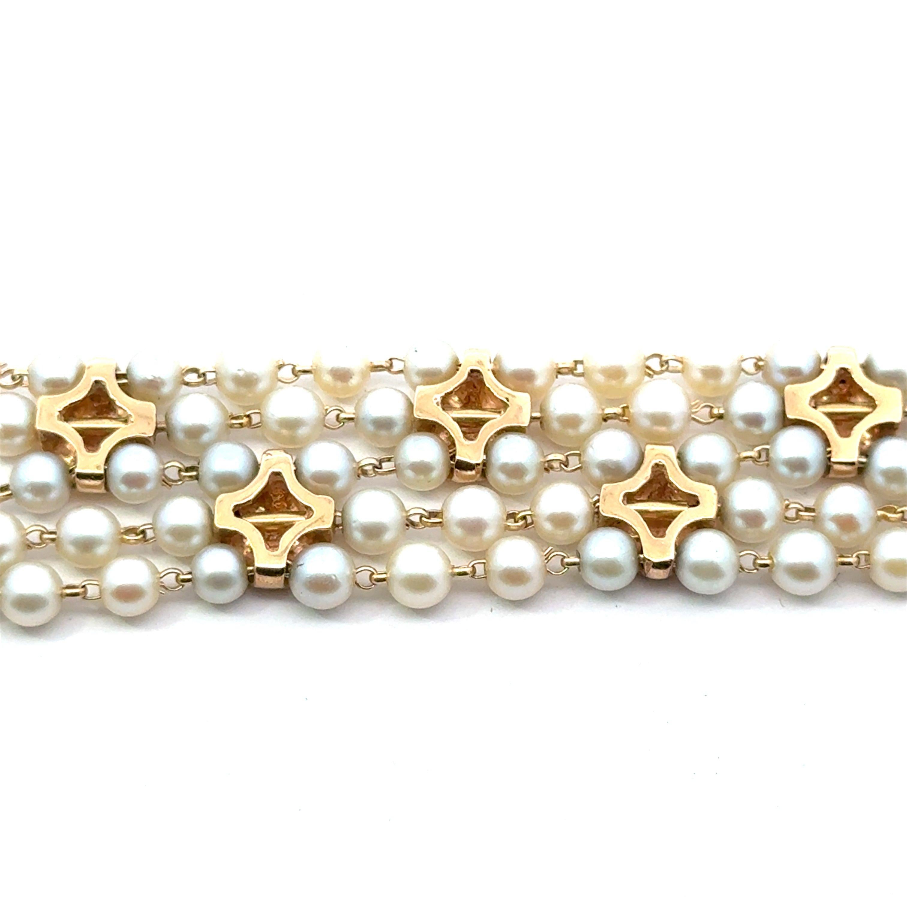 Bracelet vintage à 5 brins en or jaune 14 carats et perles en vente 1