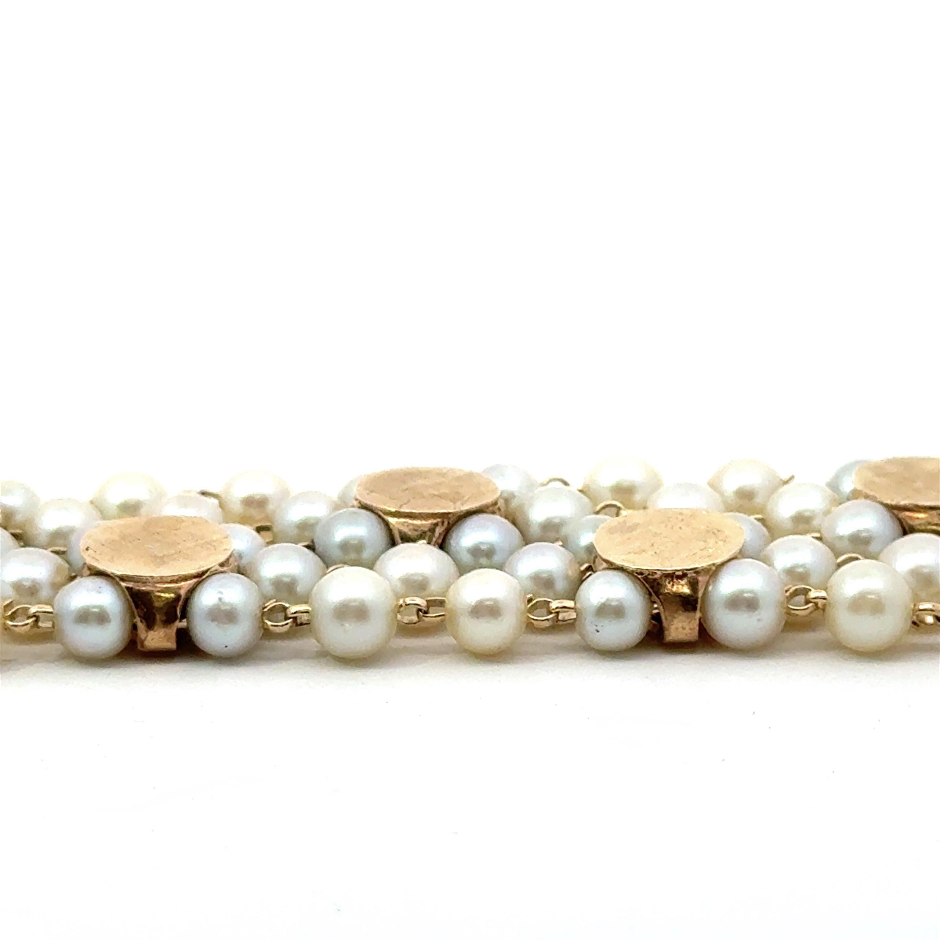 Bracelet vintage à 5 brins en or jaune 14 carats et perles en vente 2