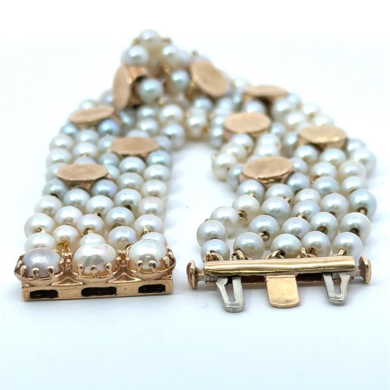 Bracelet vintage à 5 brins en or jaune 14 carats et perles en vente 3