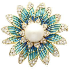 Vintage Pearl and 2.05 Carat Diamond Yellow Gold Plique-a-Jour Brooch