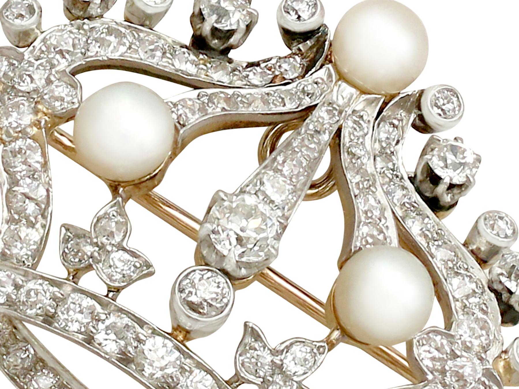 A stunning, fine and impressive antique 2.63 carat diamond and pearl, 14 karat yellow gold and platinum set 'crown' brooch; part of our diverse antique jewellery and estate jewelry collections

This stunning, fine and impressive antique crown brooch
