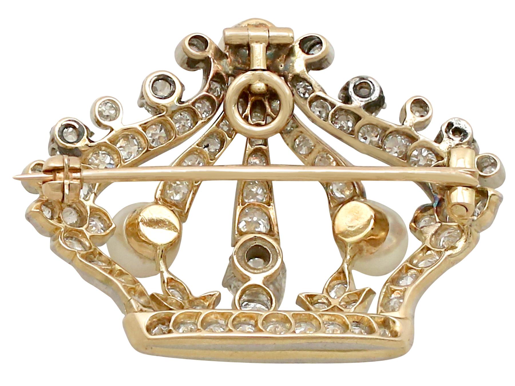  Pearl and 2.63 Carat Diamond 14k Yellow Gold 'Crown' Brooch  In Excellent Condition In Jesmond, Newcastle Upon Tyne
