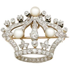  Pearl and 2.63 Carat Diamond 14k Yellow Gold 'Crown' Brooch 