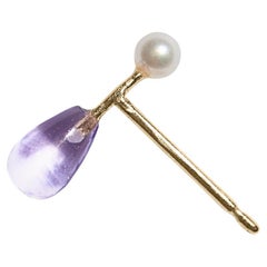 Used Pearl and Amethyst 9 Karat Gold Barbell Stud Earring