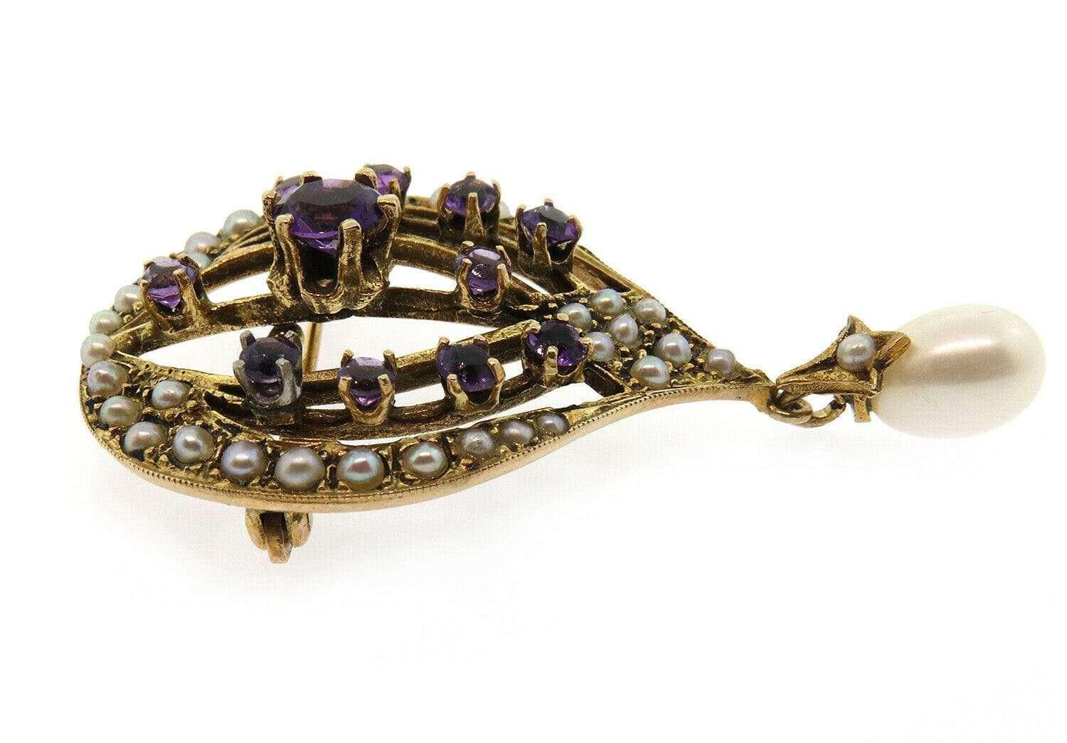 Round Cut Pearl and Amethyst Brooch Pendant in 14K For Sale