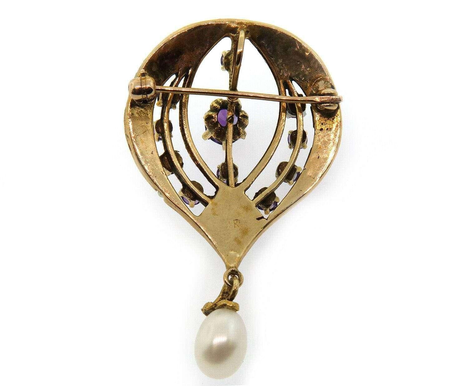 Pearl and Amethyst Brooch Pendant in 14K In Good Condition For Sale In Vienna, VA