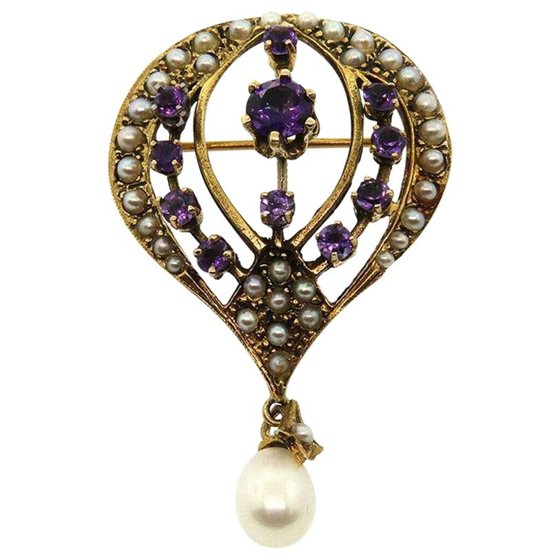 Pearl and Amethyst Brooch Pendant in 14K For Sale
