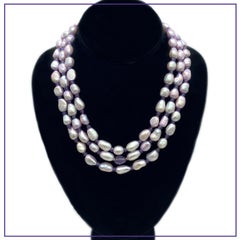 Pearl and Amethyst Triple Strand Necklace with 14K Gold-filled Tube Clasp