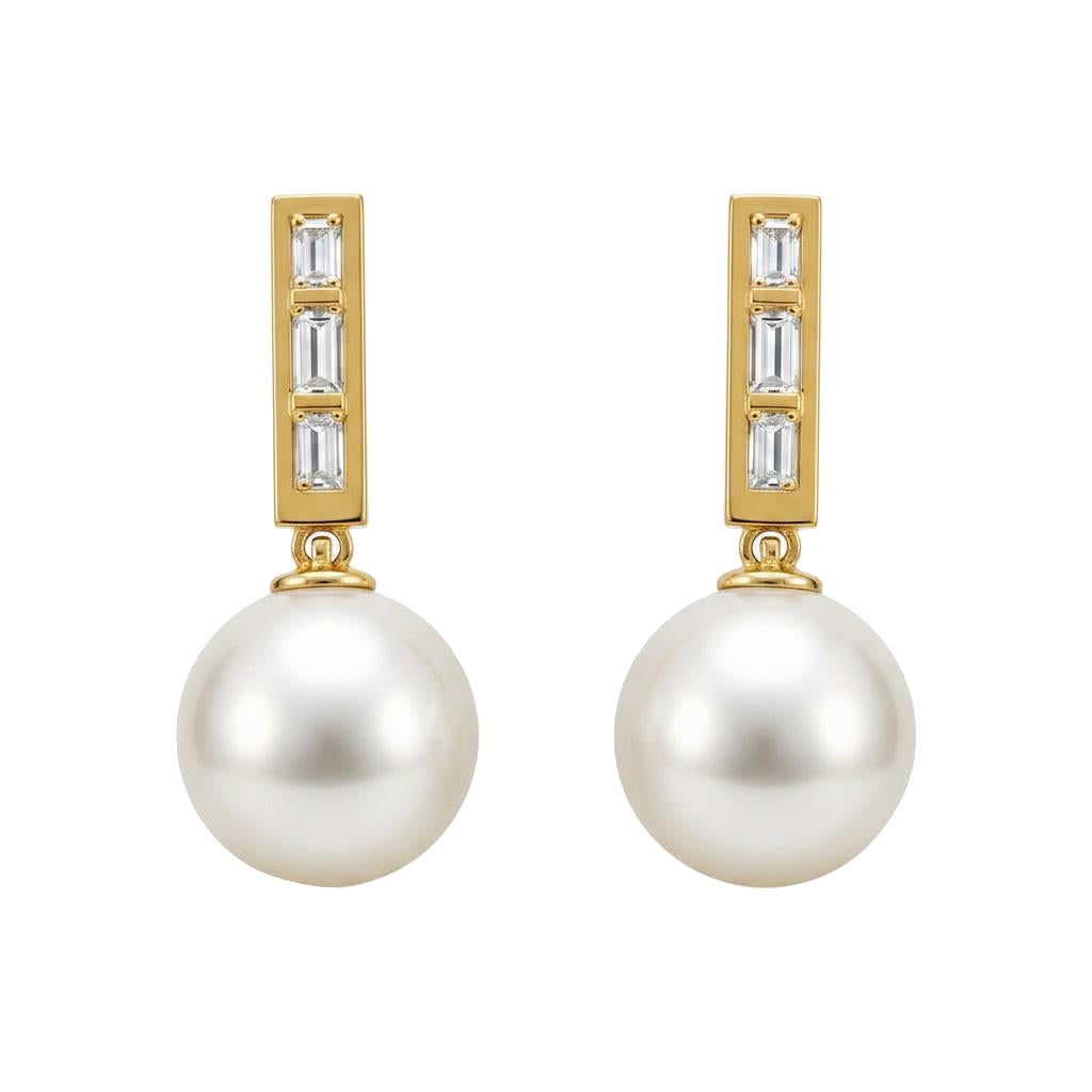 Pearl and Baguette Moissanite Drop Earrings Studs silver, gold