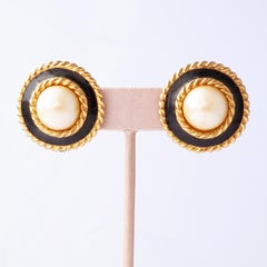 Pearl and Black Enamel Button Earrings With Gilt Rope Trim By St. John, 1980s