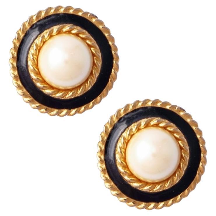 Pearl and Black Enamel Button Earrings With Gilt Rope Trim By St. John, 1980s For Sale