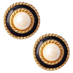 Pearl and Black Enamel Button Earrings With Gilt Rope Trim By St. John, 1980s