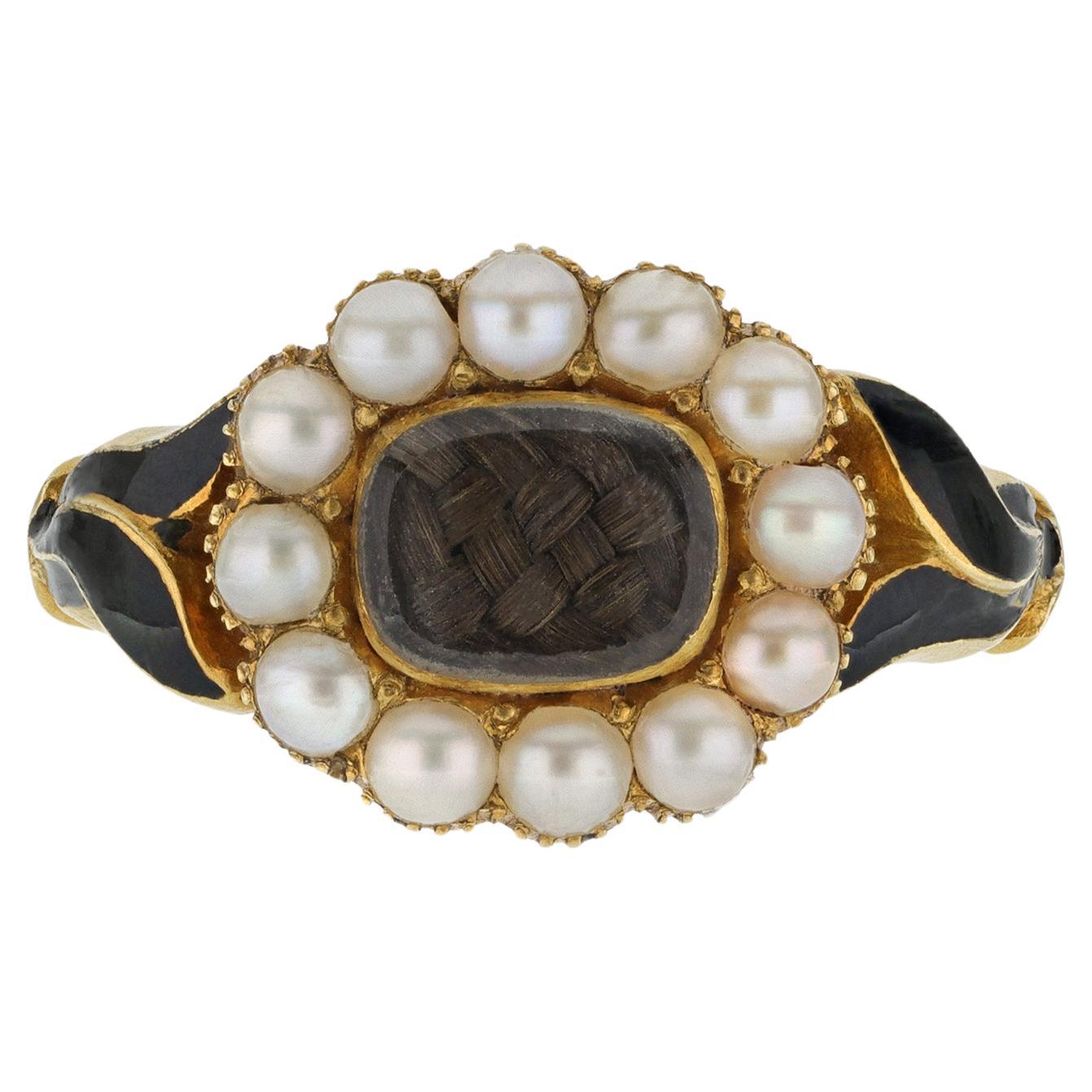 Pearl and black enamel memorial ring, English, 1854