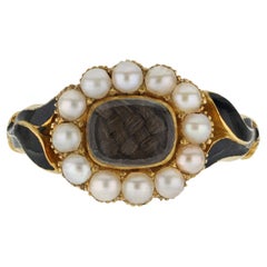 Antique Pearl and black enamel memorial ring, English, 1854