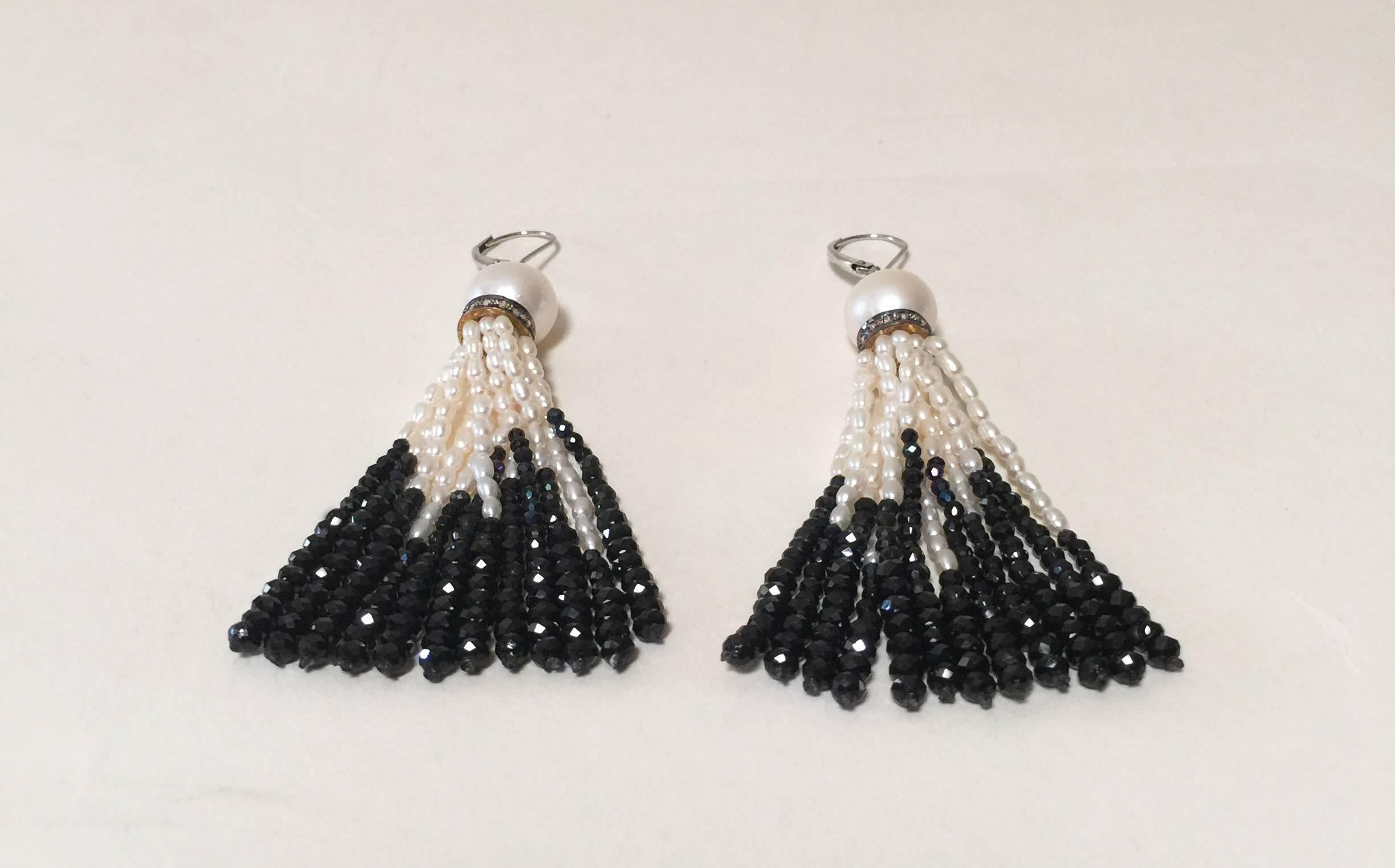 Artist Pearl and Black Spinel Lever Back Tassel Earrings with Diamonds by Marina J.