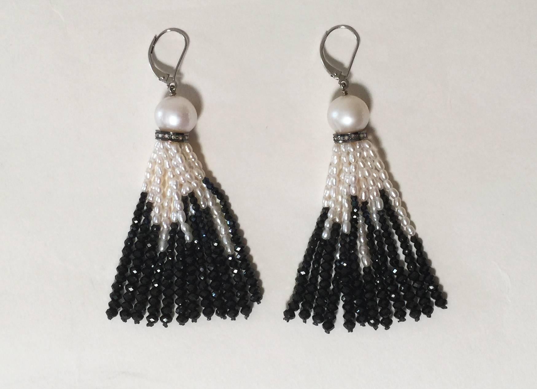 Pearl and Black Spinel Lever Back Tassel Earrings with Diamonds by Marina J. In New Condition In Los Angeles, CA