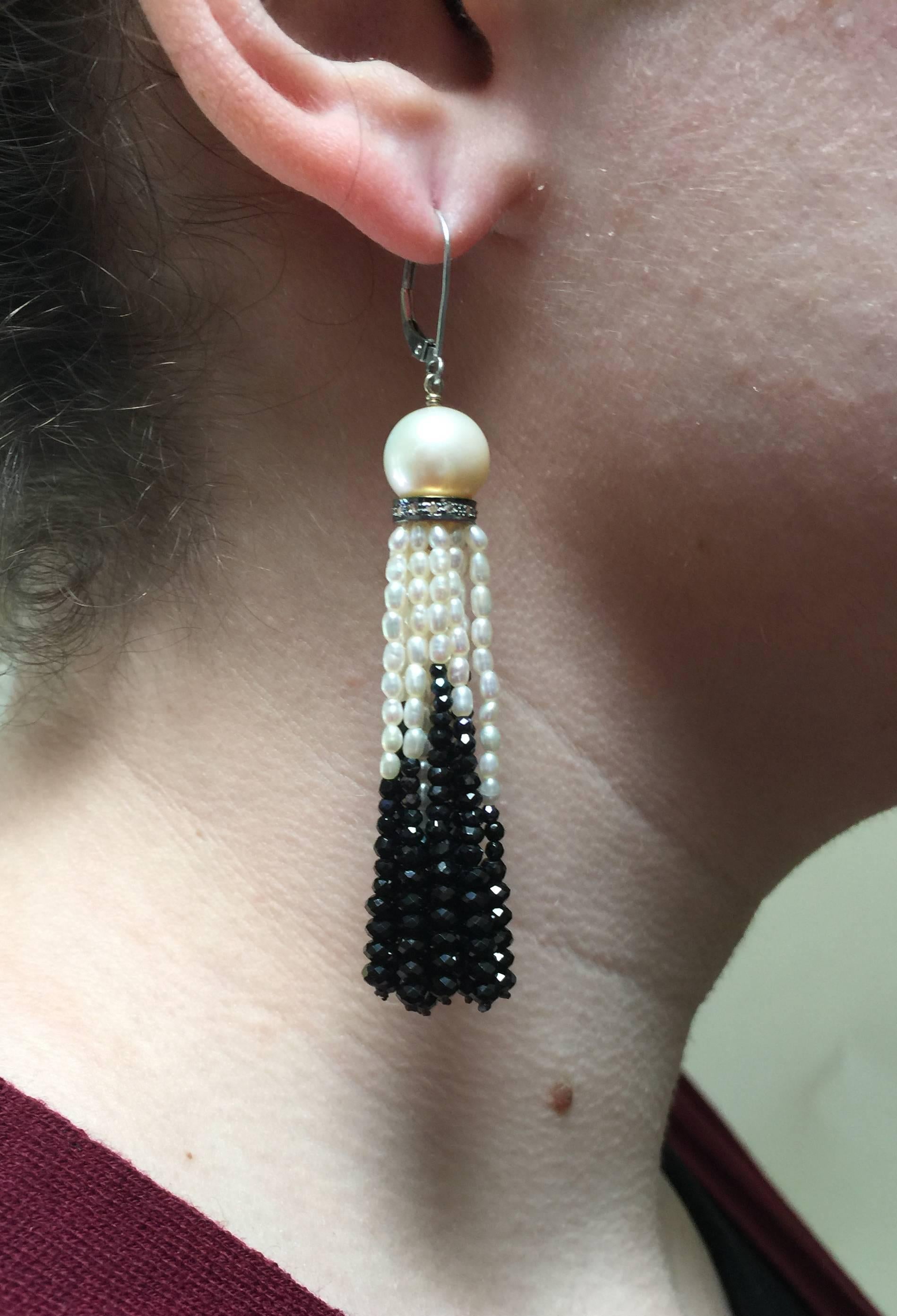 Women's Pearl and Black Spinel Lever Back Tassel Earrings with Diamonds by Marina J.