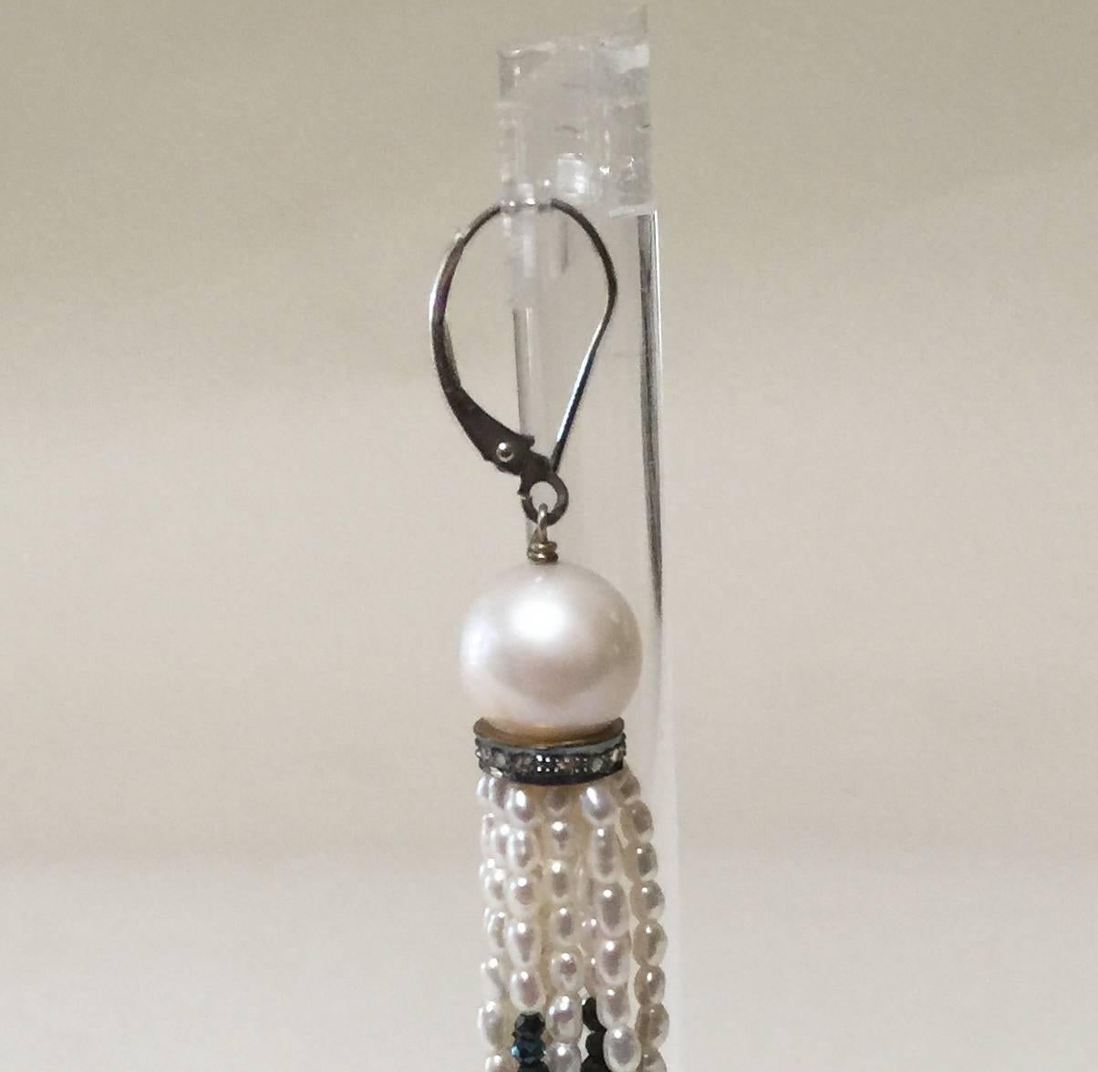 Pearl and Black Spinel Lever Back Tassel Earrings with Diamonds by Marina J. 1