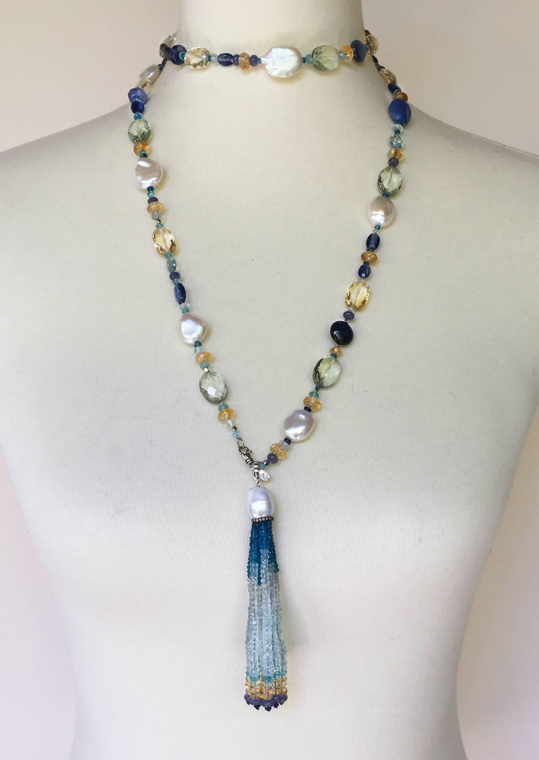 Artist Pearl and Blue Semi-Precious Stone sautoir with Tassel and 14 Karat Gold 