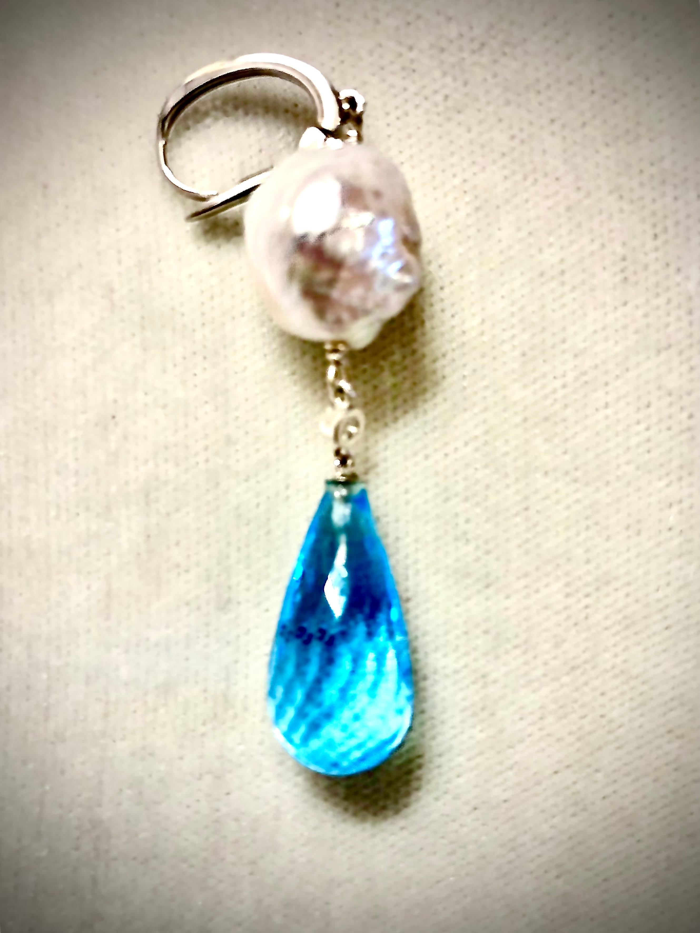 Contemporary  Pearl and blue topaz earrings For Sale