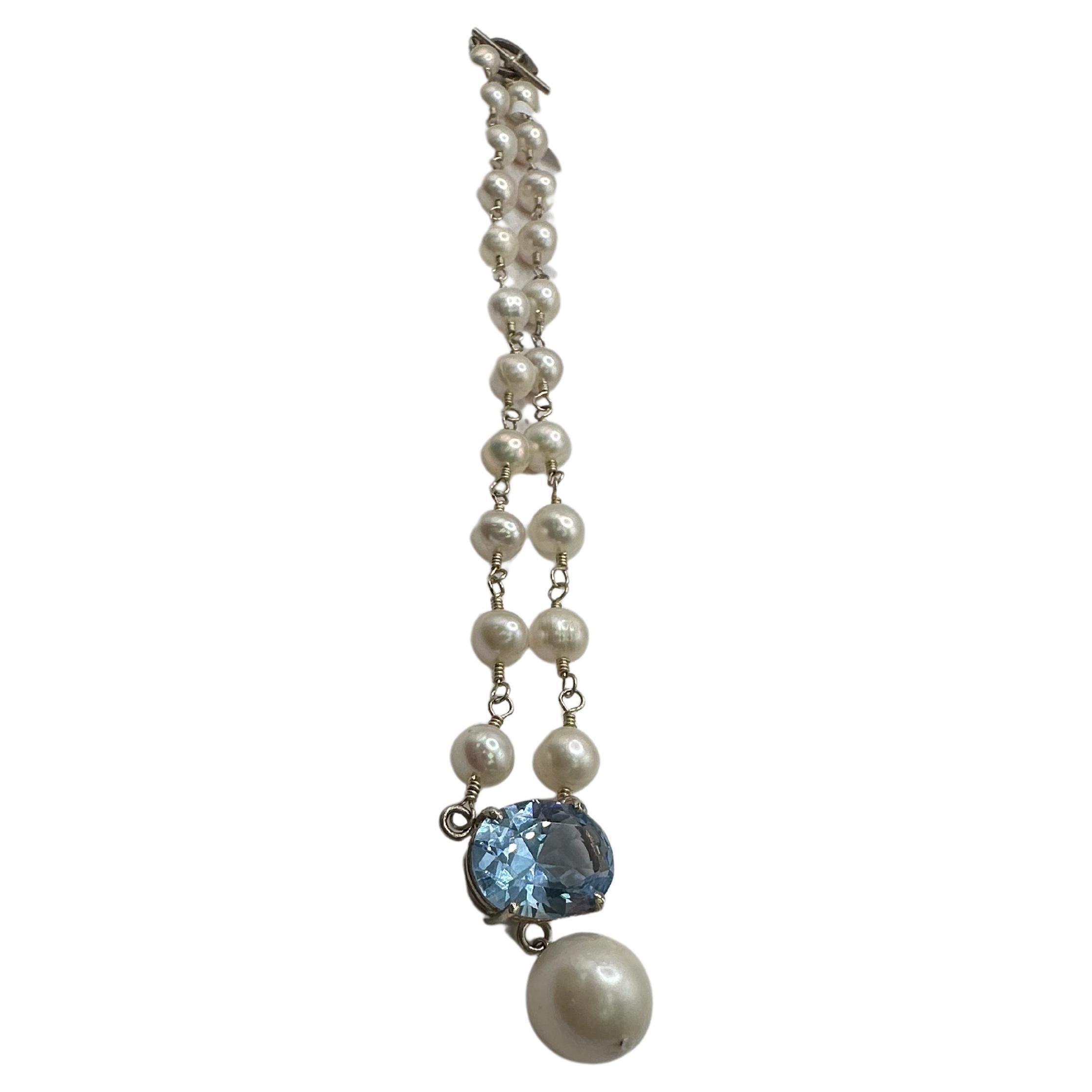 Pearl and blue topaz necklace SS silver necklace  For Sale
