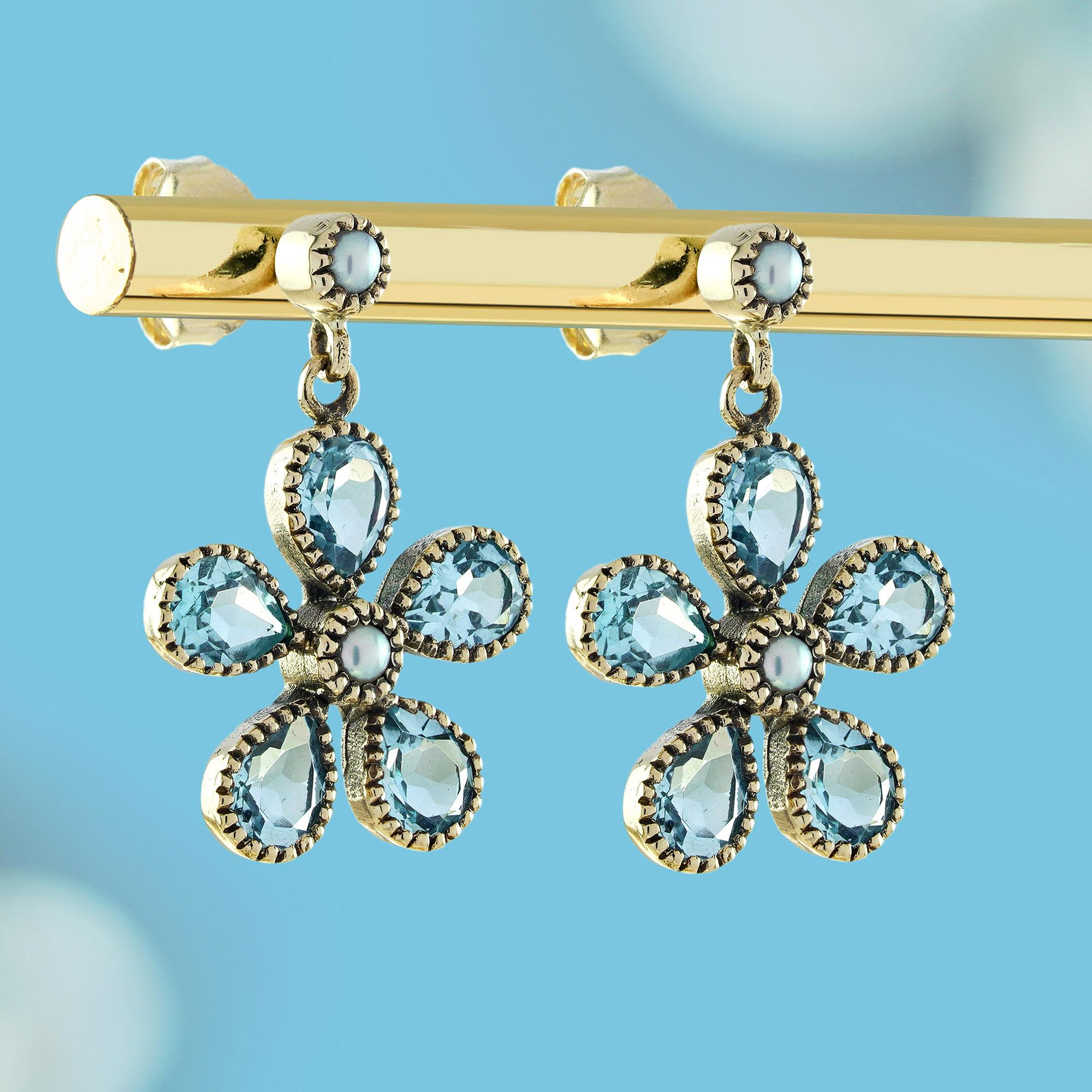 Edwardian Pearl and Blue Topaz Vintage Style Dangle Earrings in 9K Yellow Gold