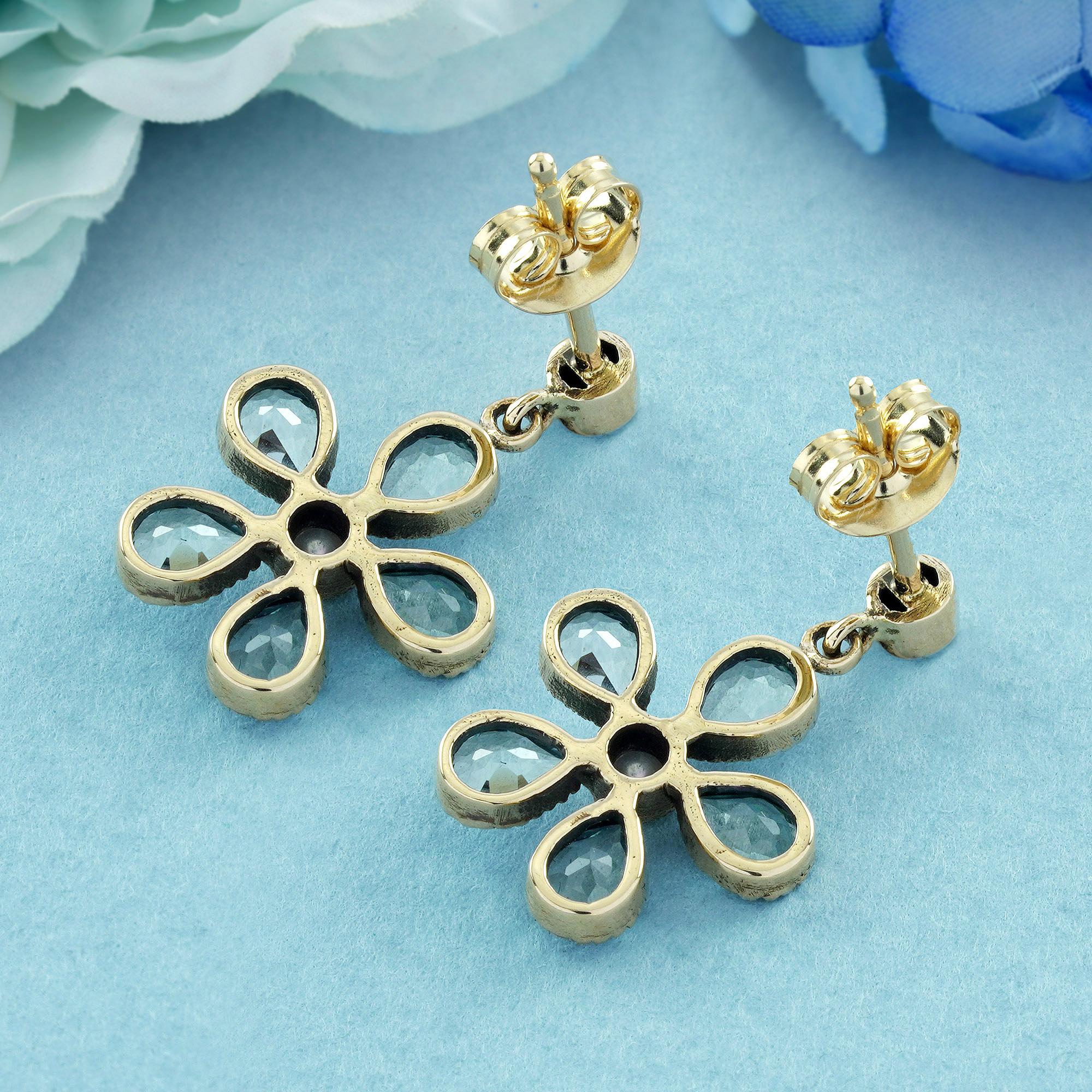 Round Cut Pearl and Blue Topaz Vintage Style Dangle Earrings in 9K Yellow Gold