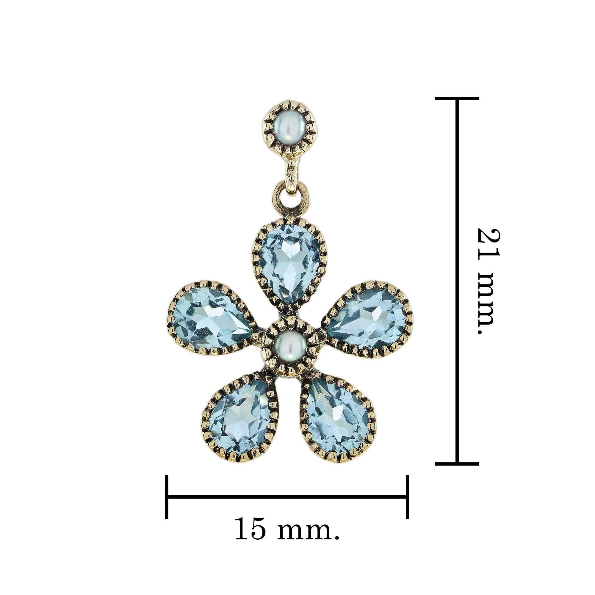 Pearl and Blue Topaz Vintage Style Dangle Earrings in 9K Yellow Gold In New Condition In Bangkok, TH