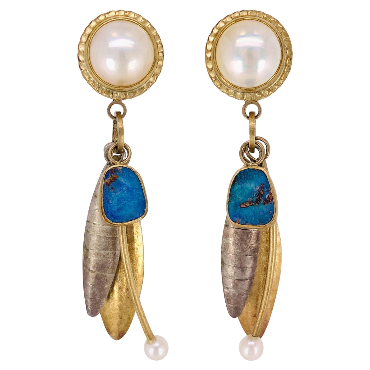 Pearl and Boulder Opal Earrings by Sydney Lynch For Sale