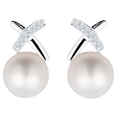 Pearl and Diamond 14 Karat White Gold Stud Earrings For Sale
