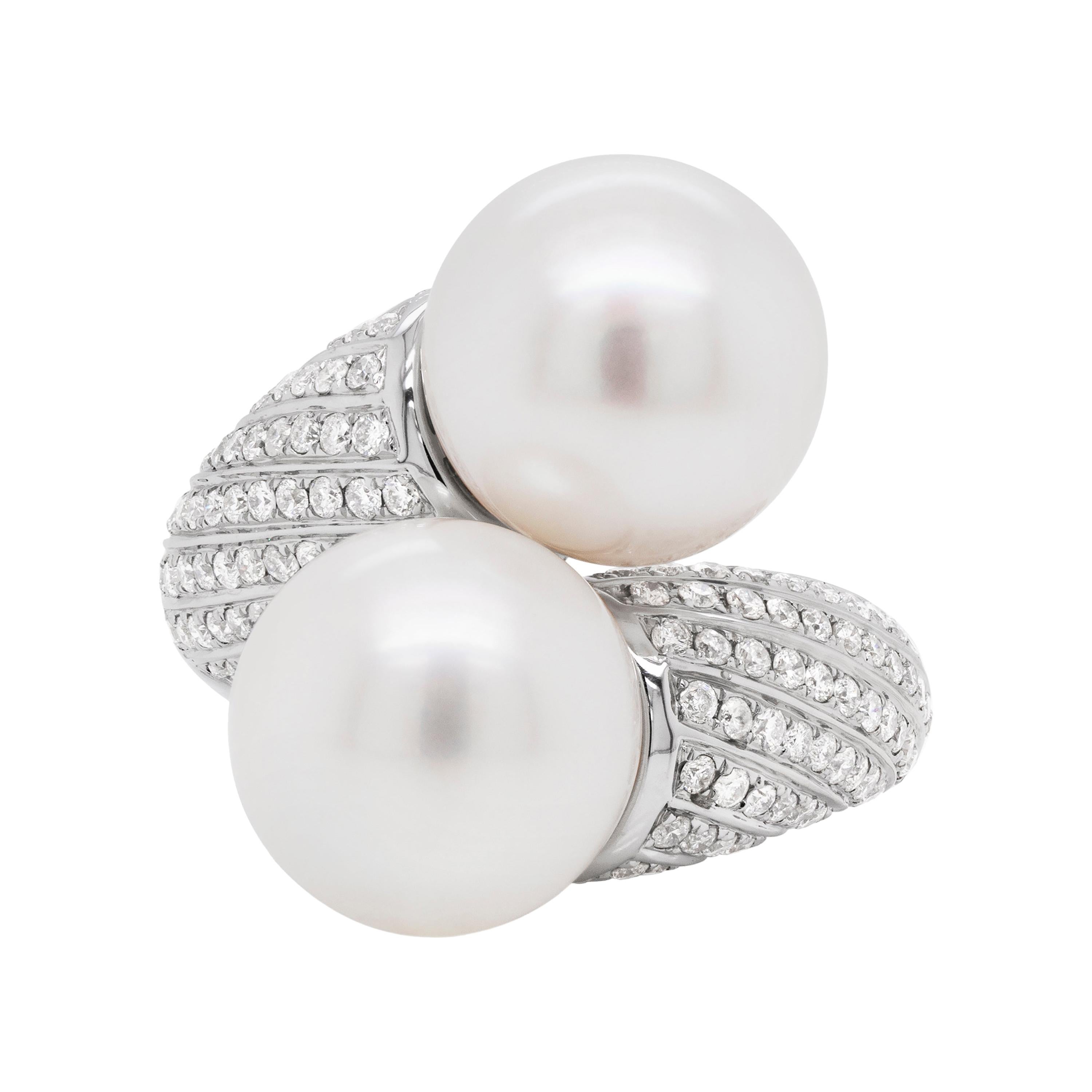 Pearl and Diamond 18 Carat white Gold Crossover Cocktail Ring For Sale
