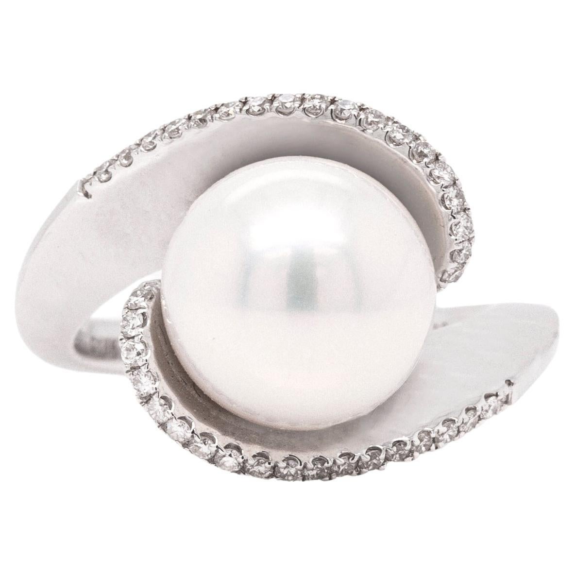 Pearl and Diamond 18 Carat White Gold Crossover Cocktail Ring For Sale