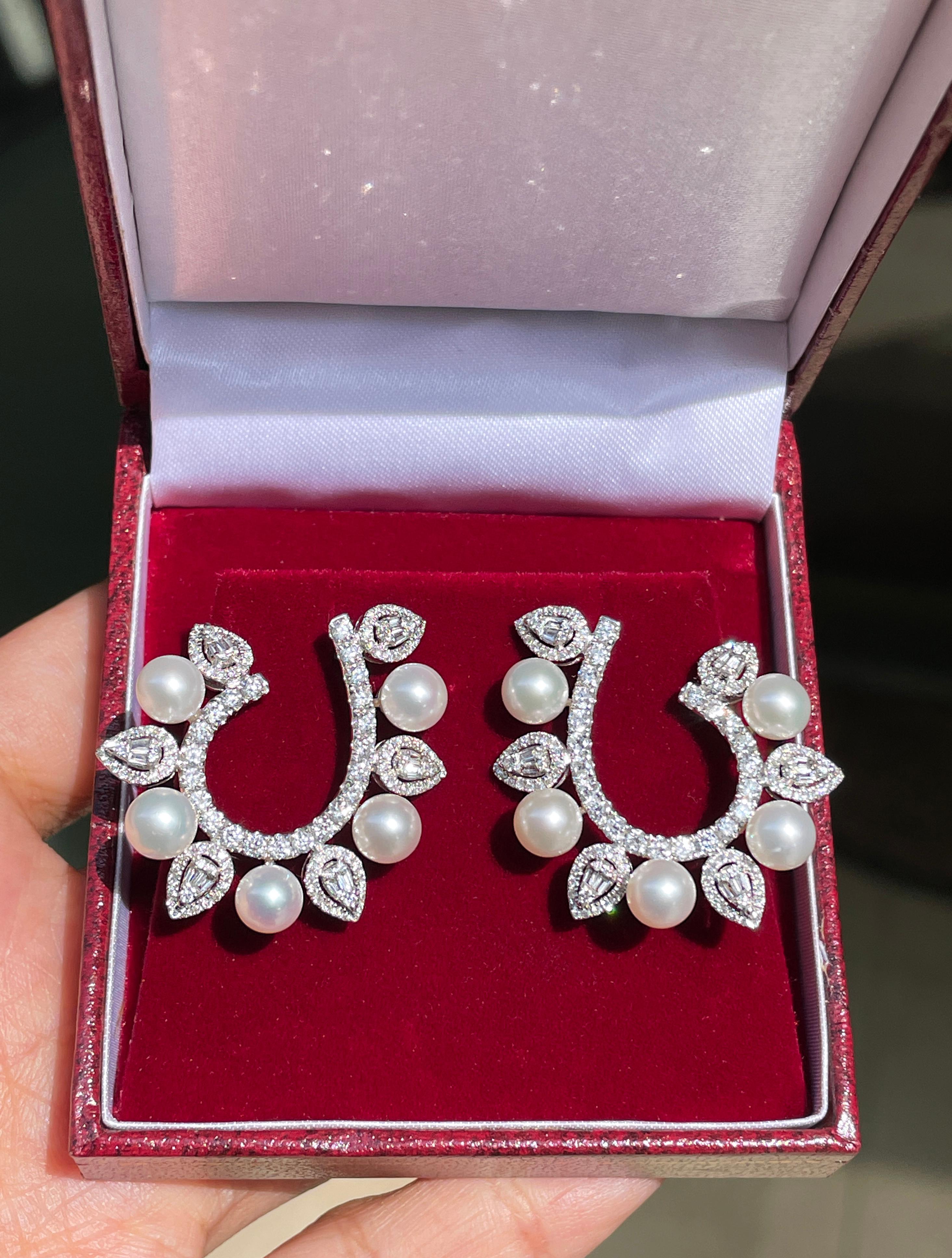 Romantic Pearl and Diamond 18 Carat White Gold Hoop Earrings