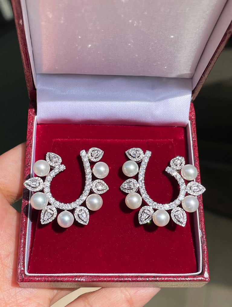 Romantic Pearl and Diamond 18 Carat White Gold Hoop Earrings For Sale