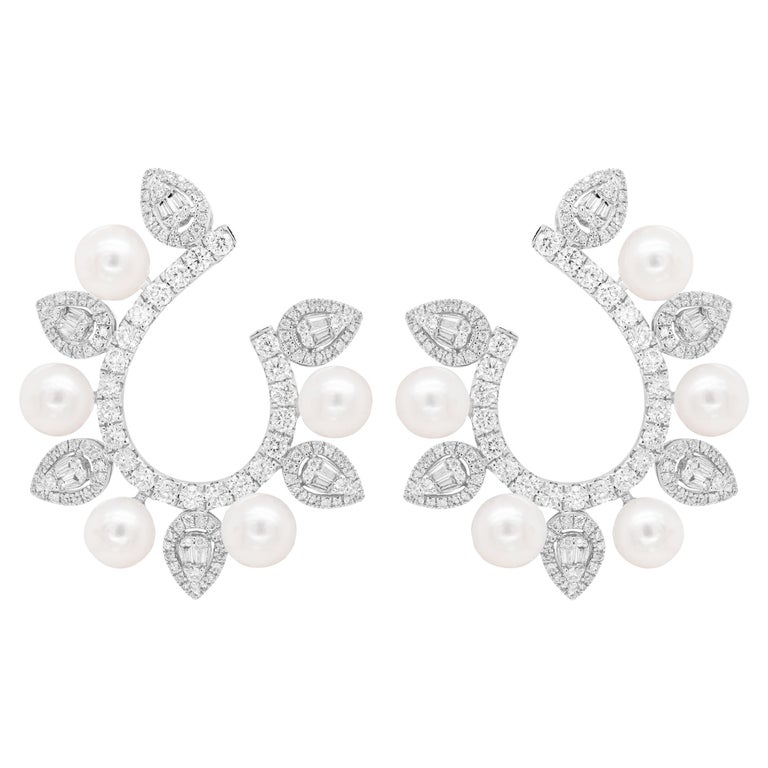 Pearl and Diamond 18 Carat White Gold Hoop Earrings For Sale
