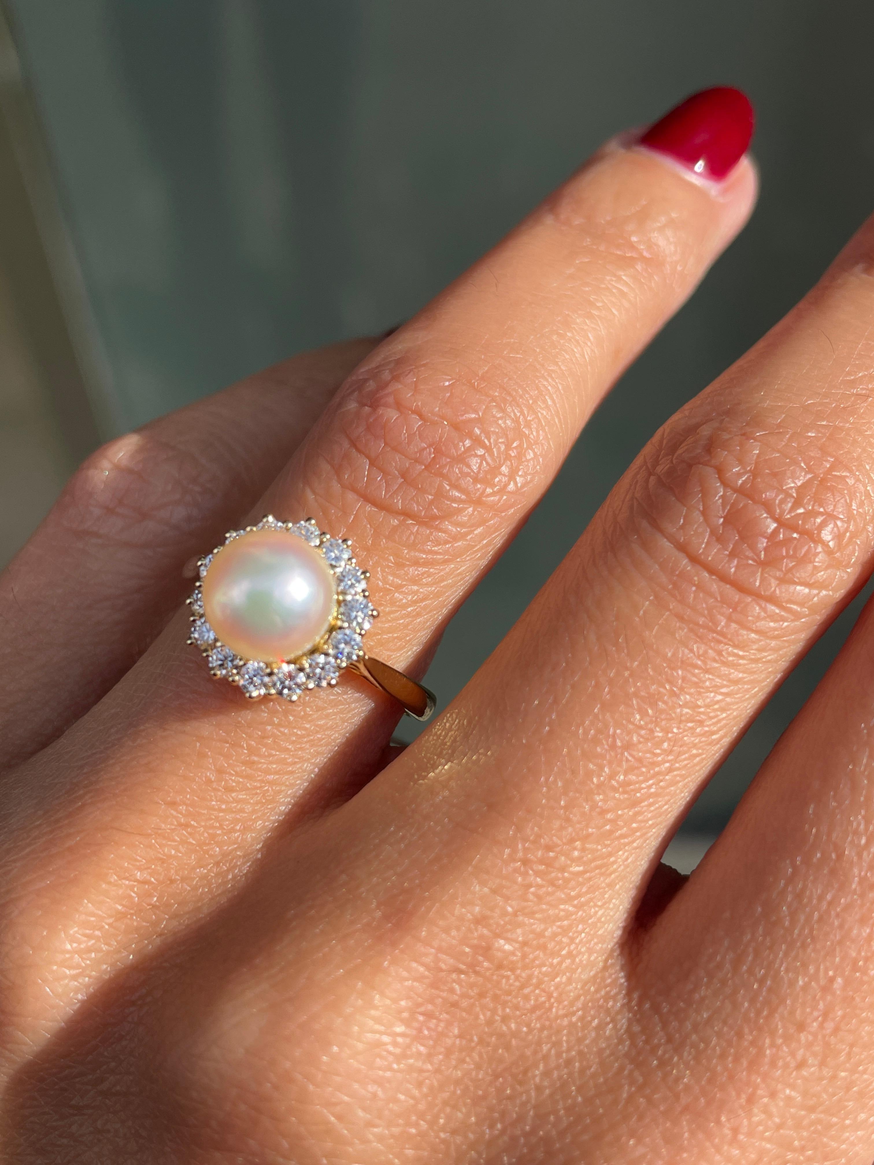 Brilliant Cut Pearl and Diamond 18 Carat Yellow Gold Cluster Flower Engagement Ring For Sale