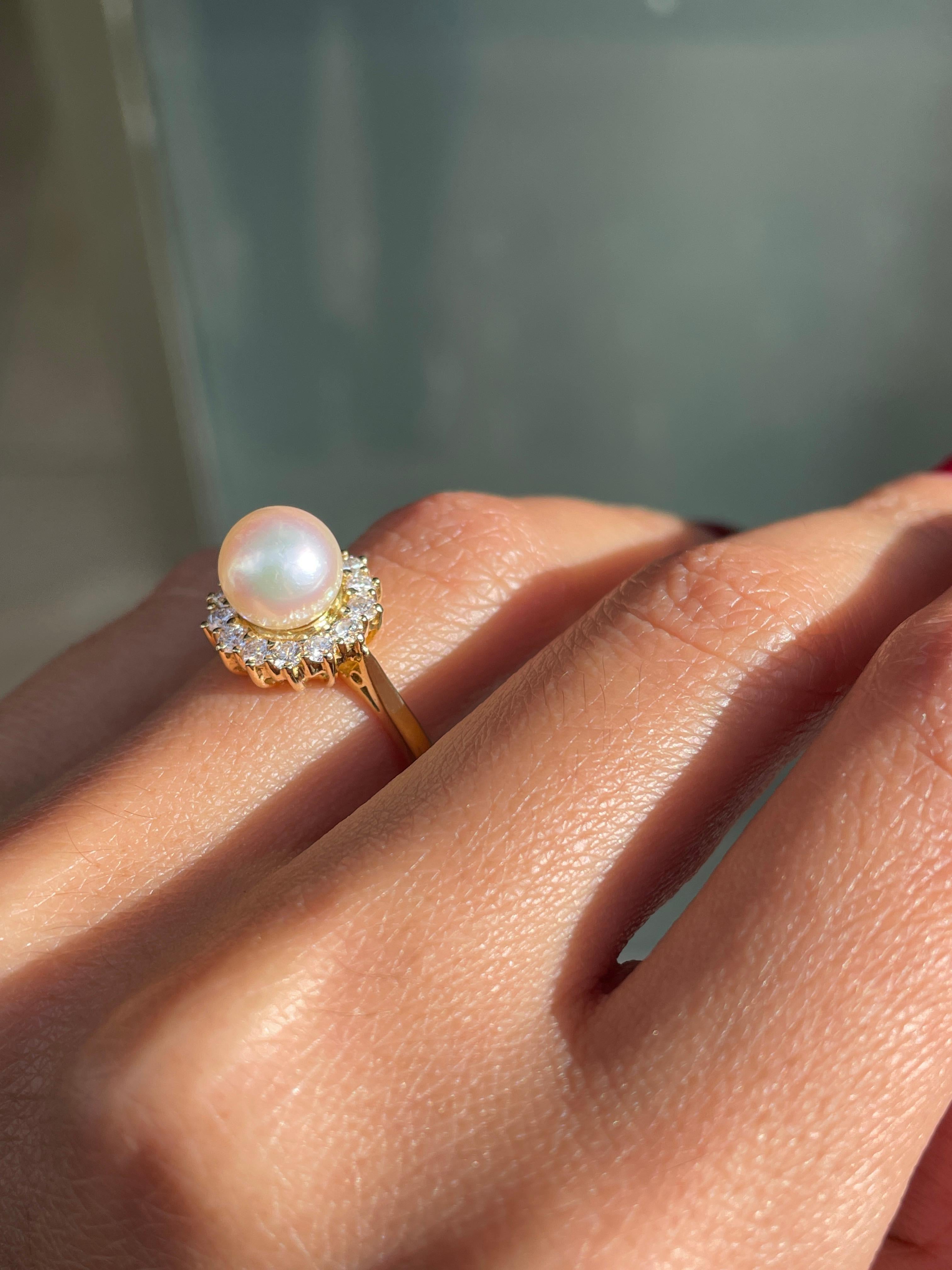 Pearl and Diamond 18 Carat Yellow Gold Cluster Flower Engagement Ring In Excellent Condition For Sale In London, GB