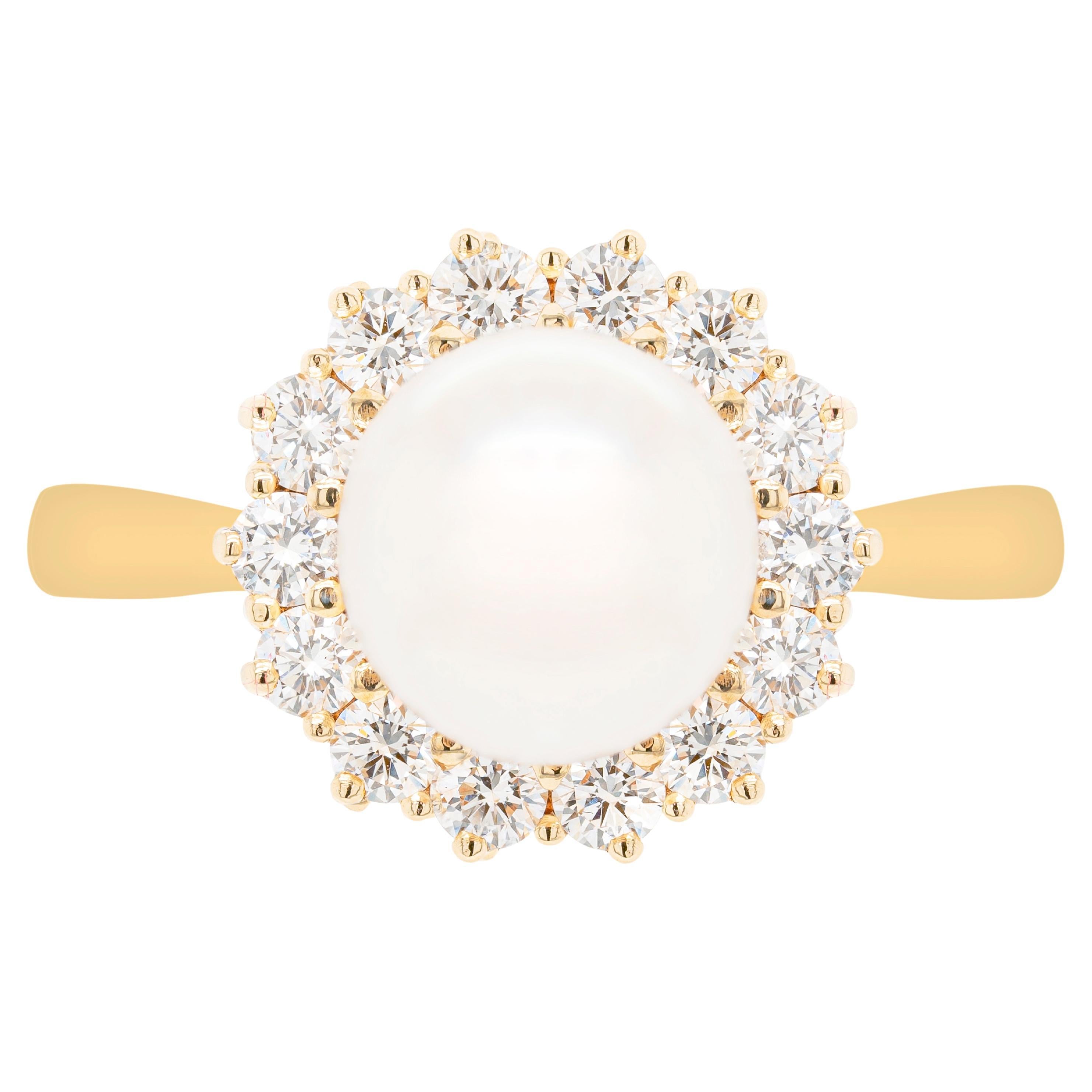 Pearl and Diamond 18 Carat Yellow Gold Cluster Flower Engagement Ring For Sale
