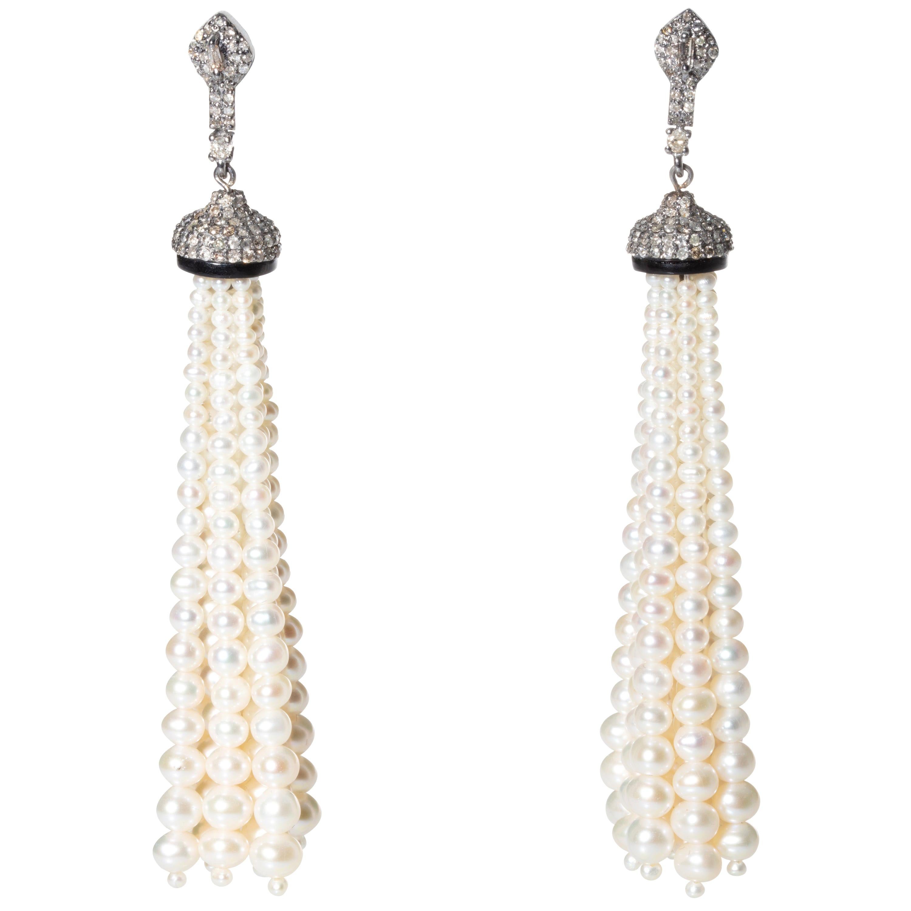 Pearl and Diamond 18 Karat Gold Tassel Dangle Earrings