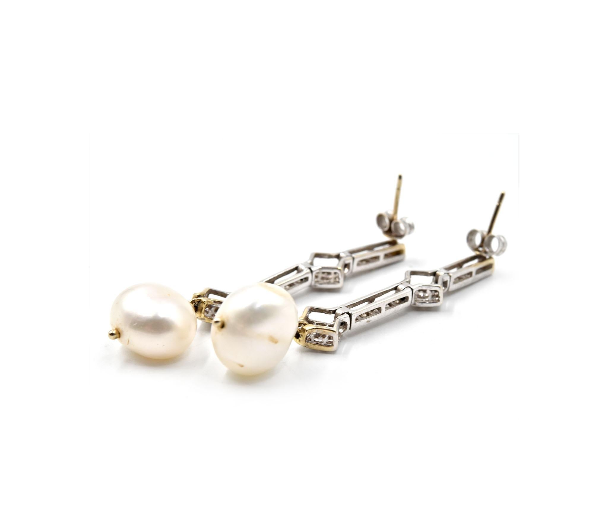 Women's or Men's Pearl and Diamond 18 Karat White Gold Drop Earrings