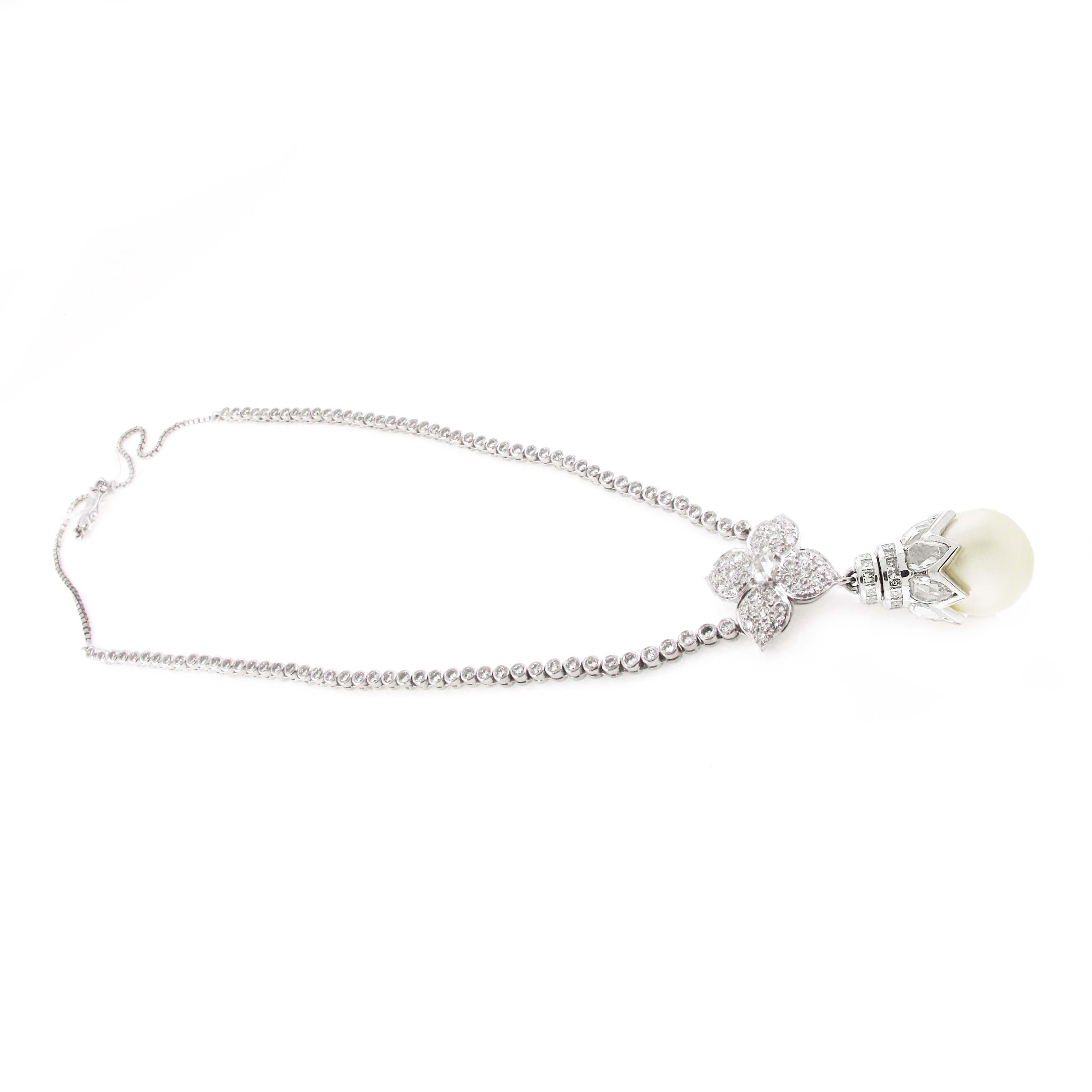 Modern Pearl and Diamond 18 Karat White Gold Pendant Necklace