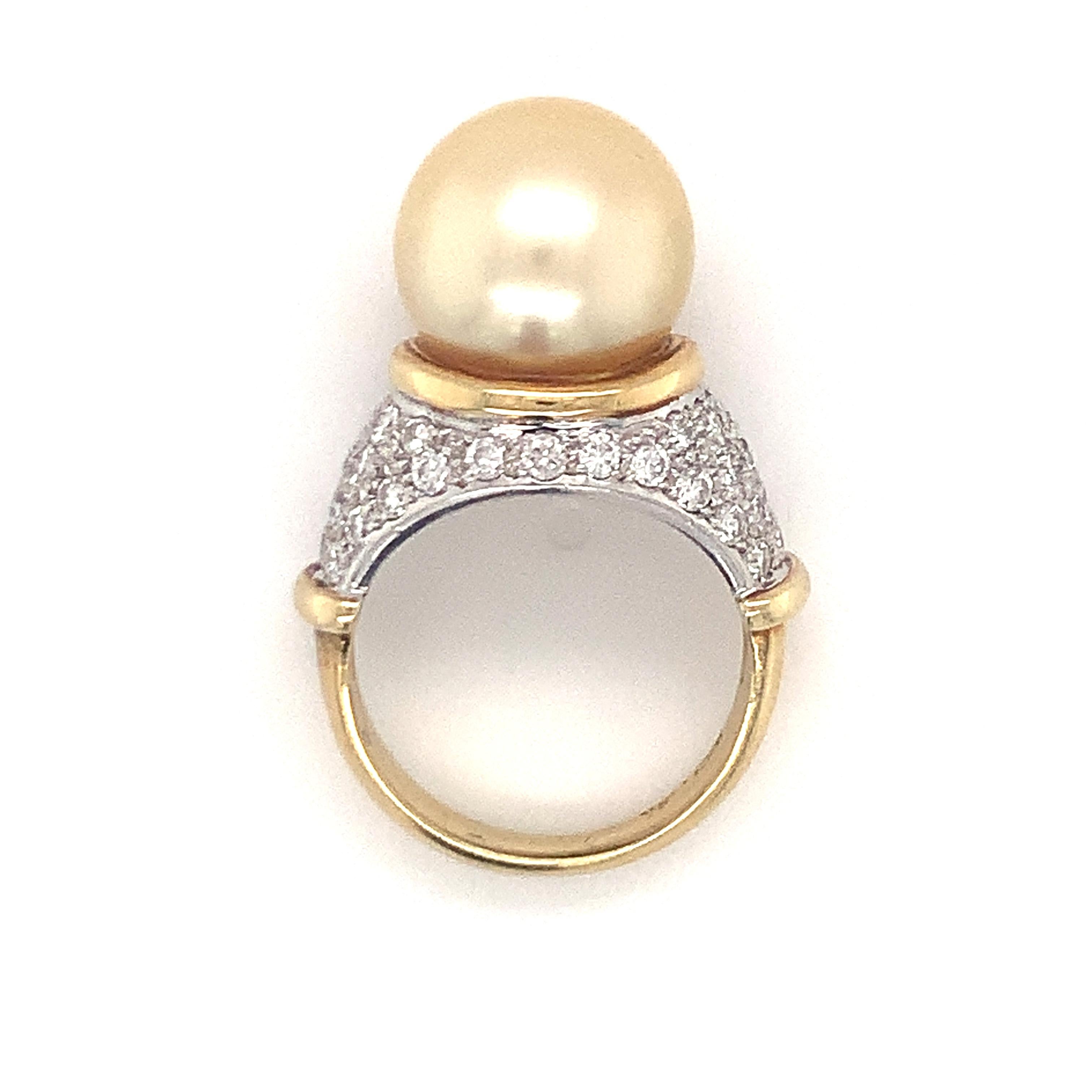 Round Cut Pearl and Diamond 18K Yellow Gold Ring For Sale