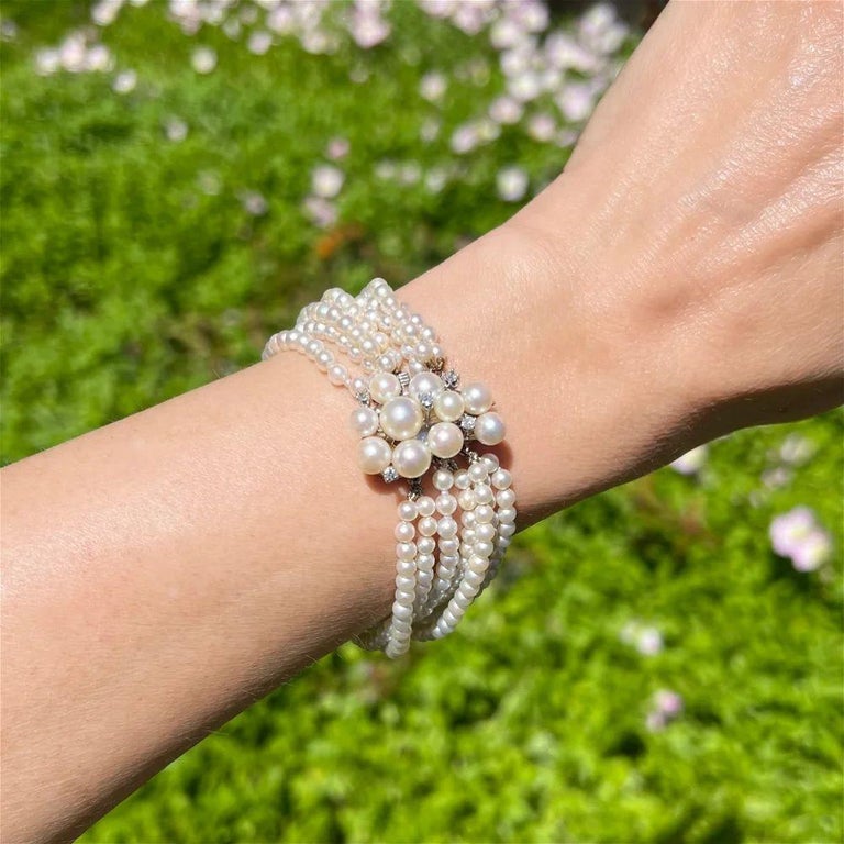 Pearl and Diamond 7 Row Strand Vintage Gold Bracelet For Sale at 1stDibs