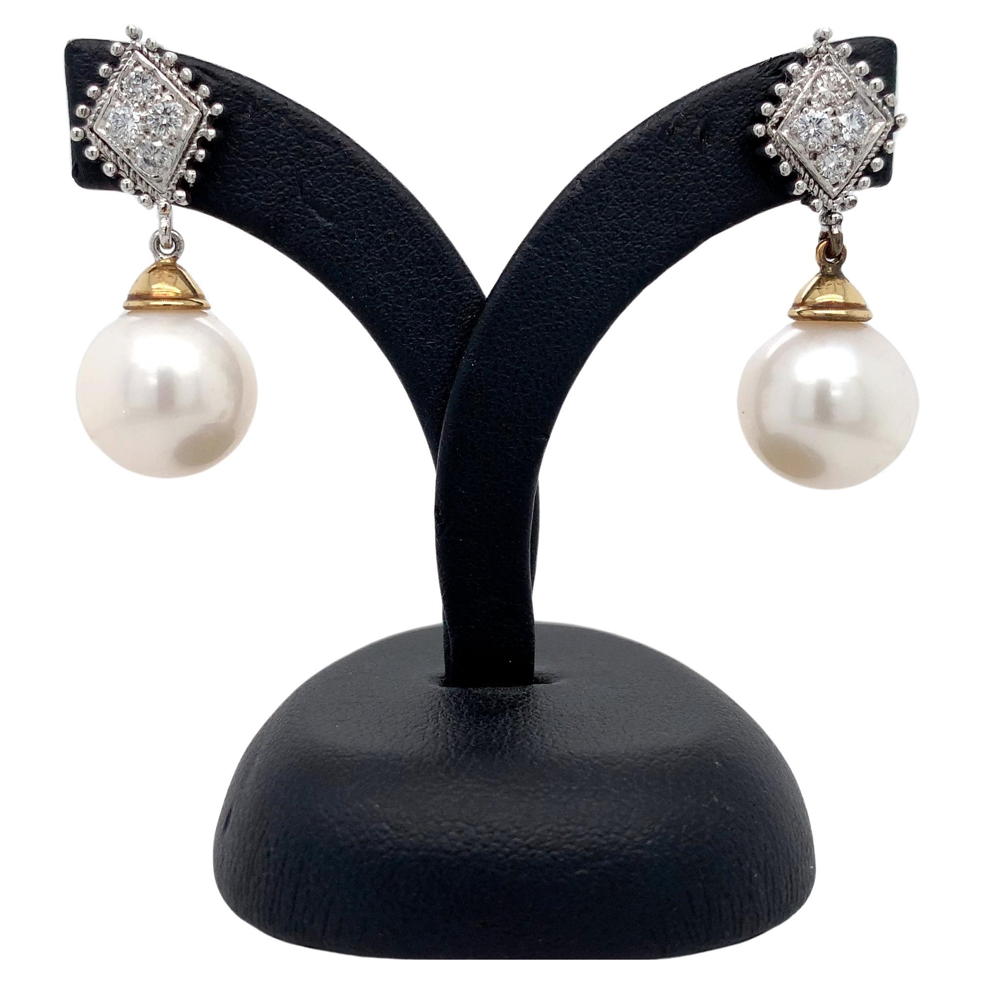 Pearl and diamond art deco drop earrings 18k gold