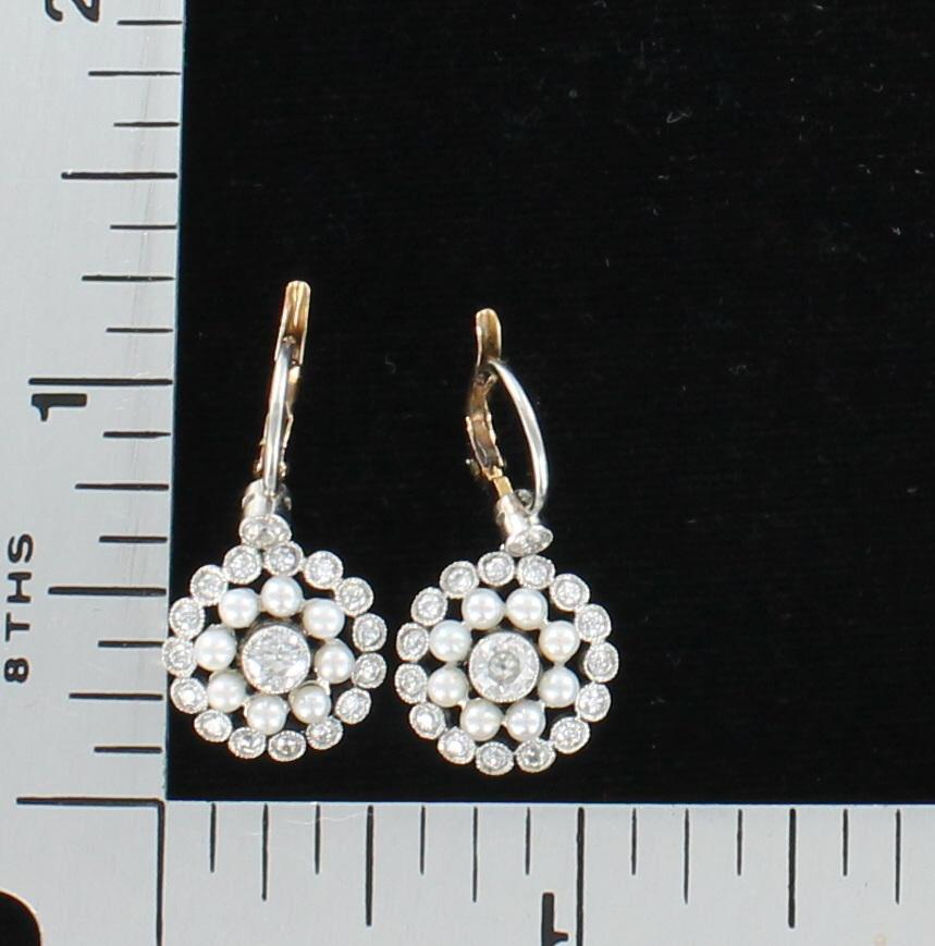 Old European Cut Pearl and Diamond Art Deco Earrings in Platinum and 18 Karat Yellow Gold