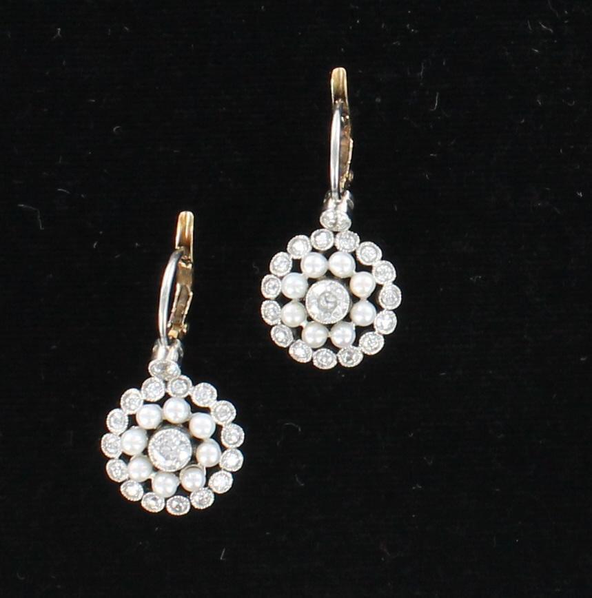 Pearl and Diamond Art Deco Earrings in Platinum and 18 Karat Yellow Gold In Excellent Condition In Atlanta, GA