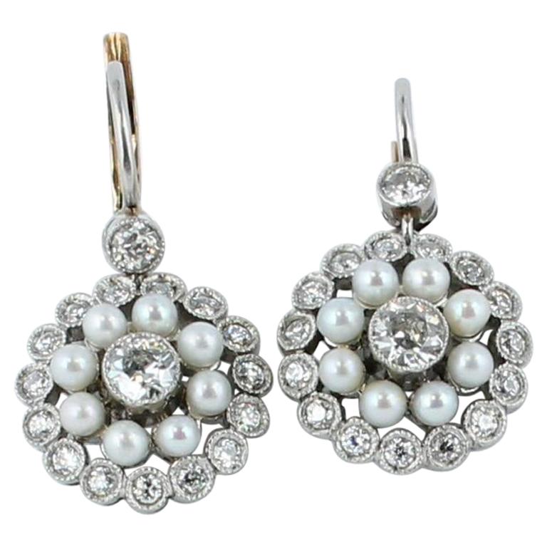 Pearl and Diamond Art Deco Earrings in Platinum and 18 Karat Yellow Gold