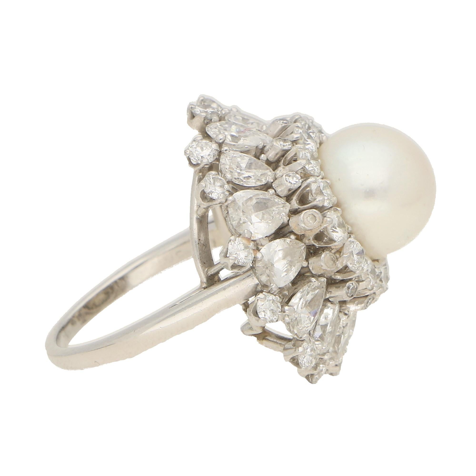 Women's or Men's Pearl and Diamond Ballerina Cluster Cocktail Ring in 18 Karat White Gold