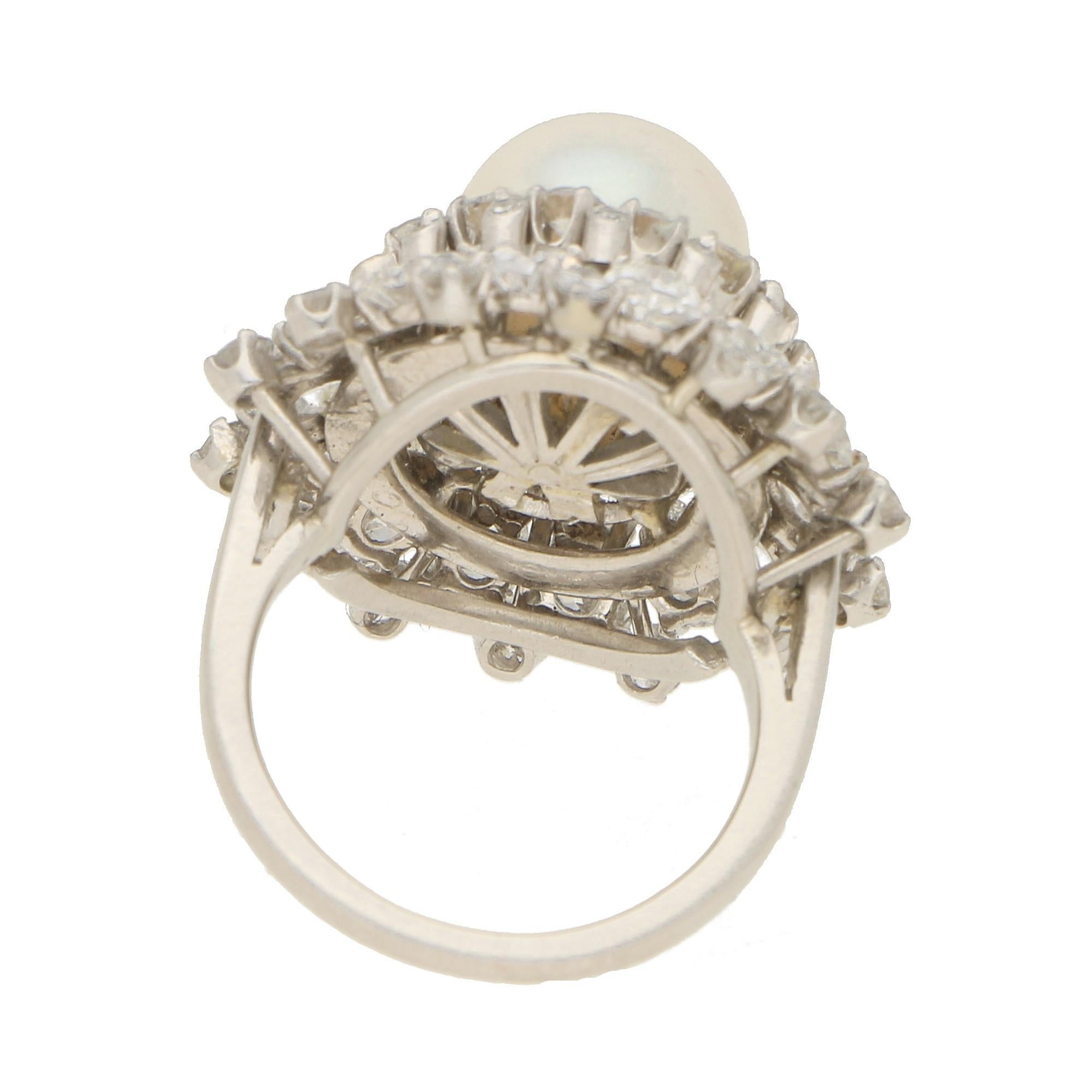 Pearl and Diamond Ballerina Cluster Cocktail Ring in 18 Karat White Gold 1