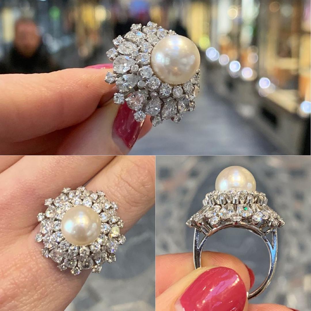 Pear Cut Pearl and Diamond Ballerina Cluster Cocktail Ring in 18 Karat White Gold